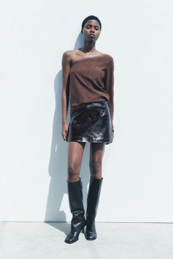 ZARA ТРИКОТАЖНЫЙ ТОП АСИММЕТРИЧНОГО КРОЯ, КОРИЧНЕВЫЙ