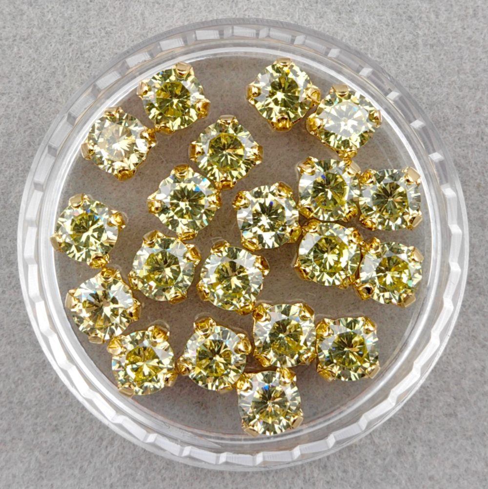 Фианиты шатоны в оправах, Olive Yellow/Gold 14k