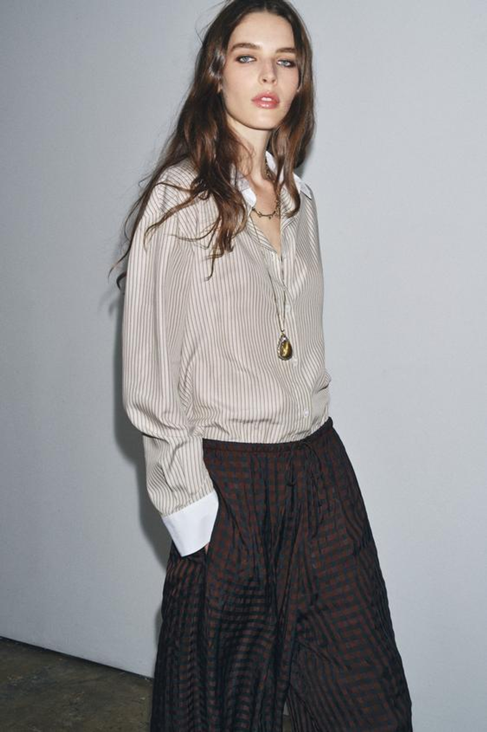 ZARA БРЮКИ-БАГГИ В КЛЕТКУ ВИШИ — ZW COLLECTION, ТЕМНО-БОРДОВЫЙ