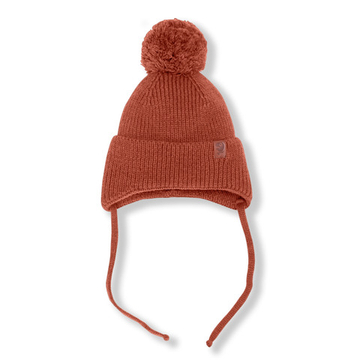 Шапка вязаная на завязках с помпоном (терракот)