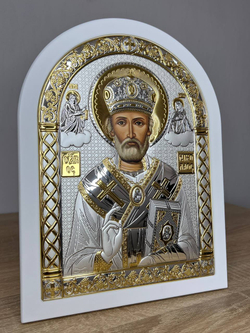Николай Чудотворец, икона арочная, белое дерево 105х140