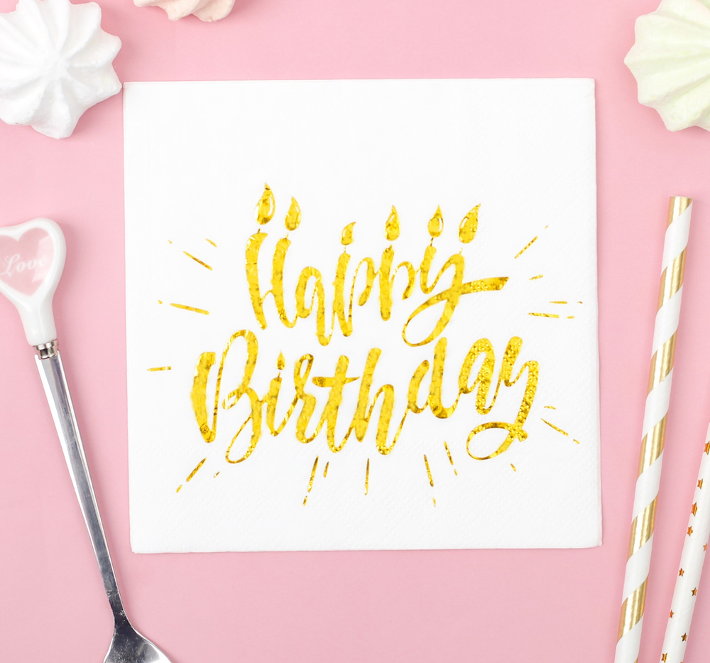 Салфетки Happy birthday, 20 шт., 25х25 см, тиснение розовое золото, на белом фоне