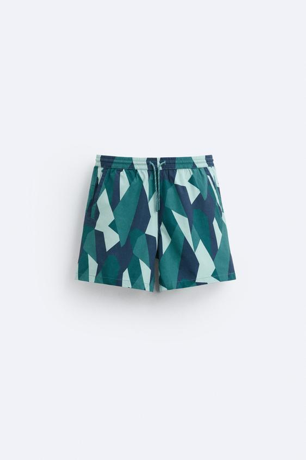 ZARA ДЛИННЫЕ ПЛАВКИ ИЗ ТКАНИ С АБСТРАКТНЫМ ПРИНТОМ, СИНЕ-ЗЕЛЕНЫЙ