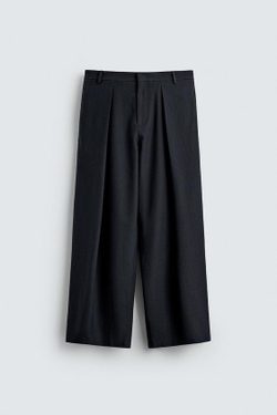 ZARA БРЮКИ RELAXED FIT СО СКЛАДКАМИ, ТЕМНО-СИНИЙ