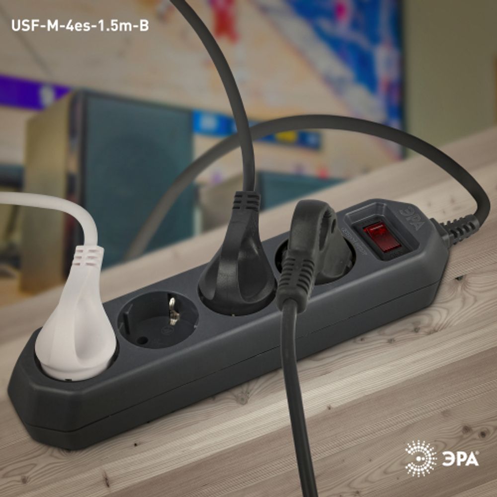 Сетевой фильтр ЭРА USF-M-4es-1,5m-B с защитой (термо) с заземлением с выключателем 4 розетки 1,5м 10А черный