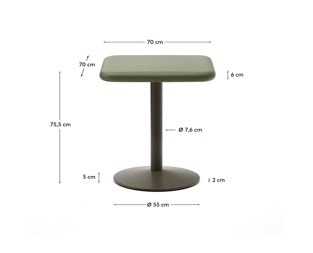 Уличный стол Esilda зеленый из цемента и стали со столешницей 70х70 см