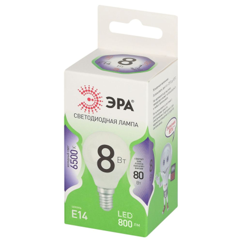 Лампочка светодиодная ЭРА GREEN LINE LED P45-8W-865-E14 GL E14 8 Вт шар холодный свет | Лампы cветодиодные Шар (G/P)