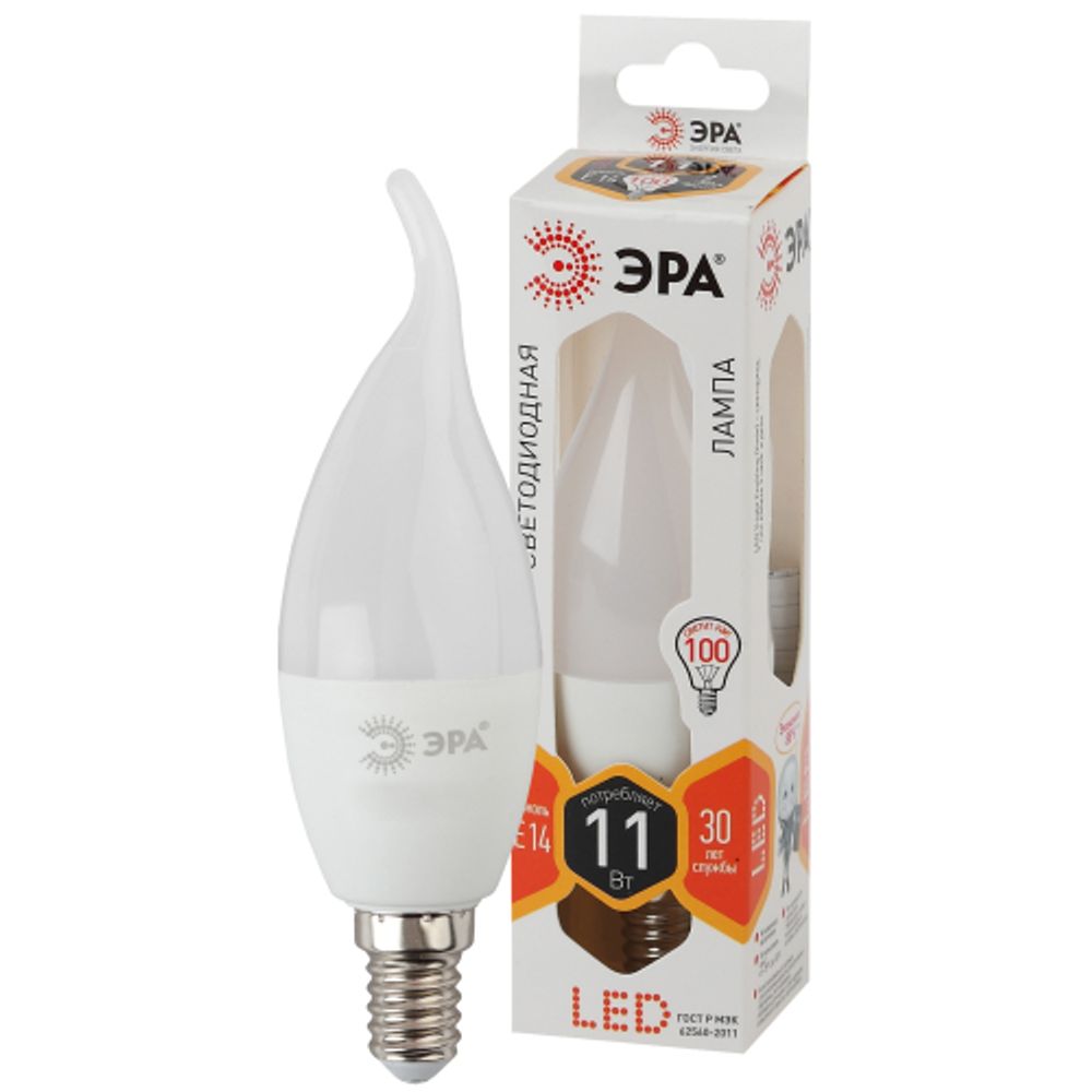 Лампа светодиодная ЭРА STD LED BXS-11W-827-E14 11Вт свеча на ветру теплый белый свет Е14 | Лампы cветодиодные Свеча (B/C)