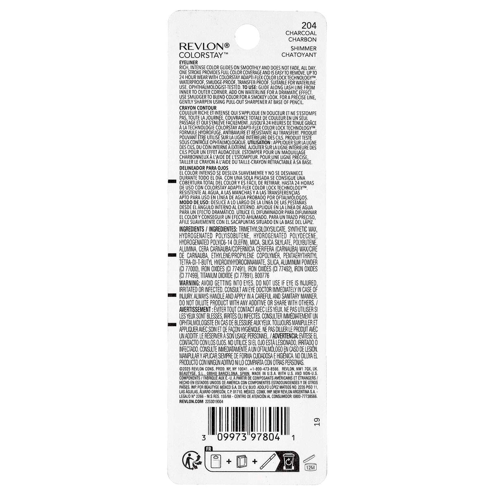 Revlon, Colorstay™, подводка-карандаш для глаз, сияющий, оттенок 204 древесный уголь, 0,28 г (0,01 унции)