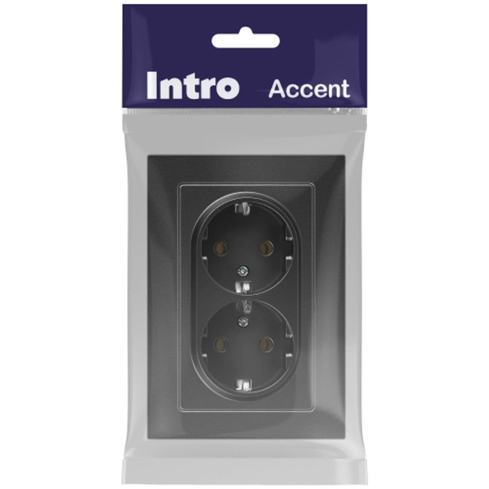 Розетка Intro Accent 6-205-07 , 2X2P+E Schuko, 16А-250В, IP20, СУ, AL/CU, графит