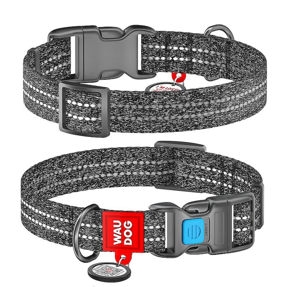 Ошейник для собак WAUDOG Re-cotton с QR, светоотр., пласт. застежка, Ш-25мм, Дл 35-58см, Серый