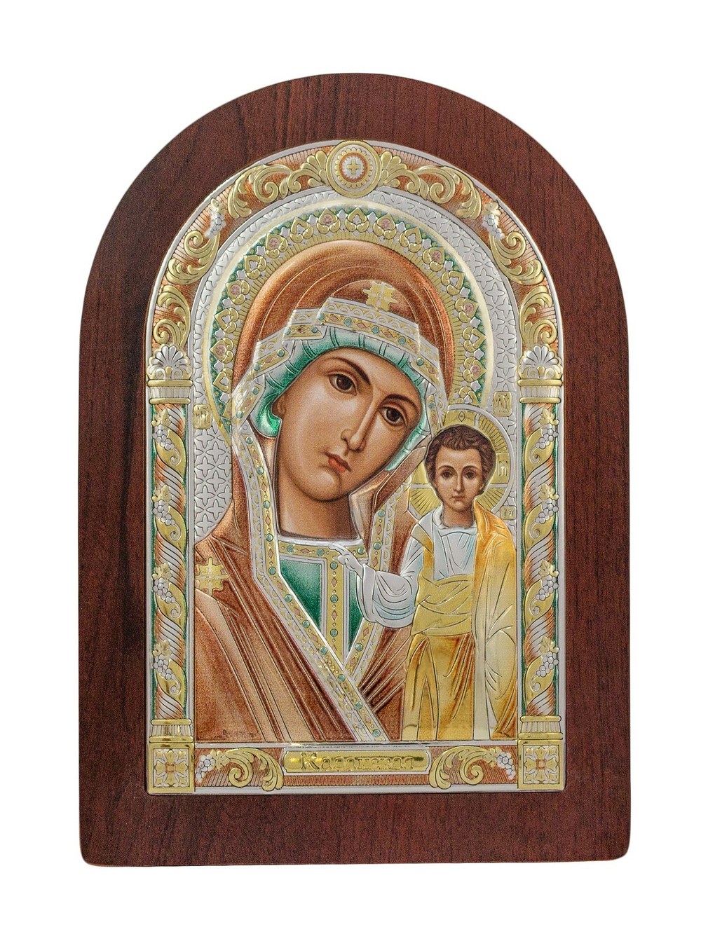 Казанская БМ, икона арочная, красное дерево, эмаль  75х103