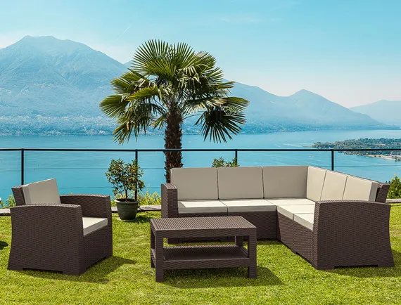 Диван пластиковый плетеный угловой с подушками Monaco Lounge Corner, коричневый