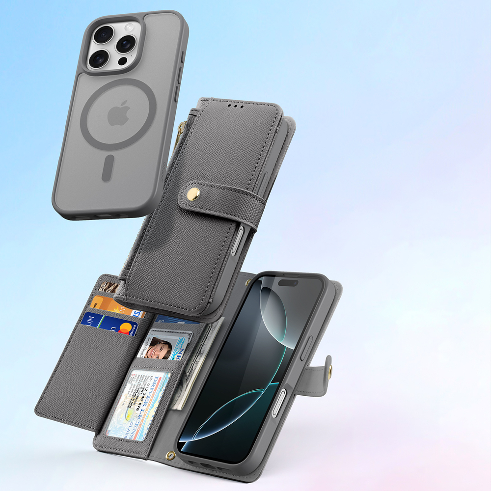 Чехол кошелек из TPU кожи серого цвета от Dux Ducis для смартфона iPhone 16 Pro, серия Lawa Series Case