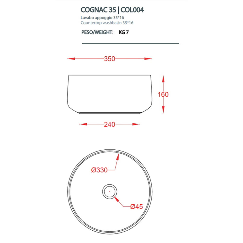 Раковина Artceram Cognac COL004 01 00 накладная 35 см