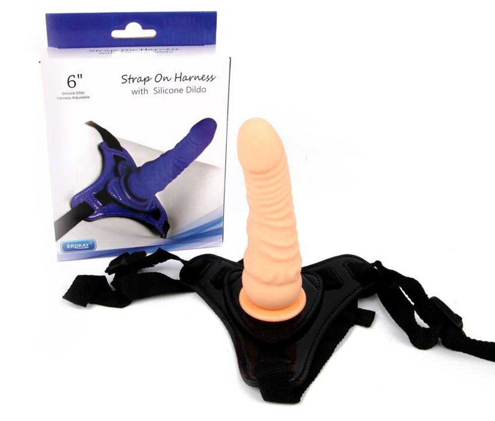 Телесный поясной страпон Strap On Harness with Silicon Dildo - 14 см. (Цвет: телесный с черным)