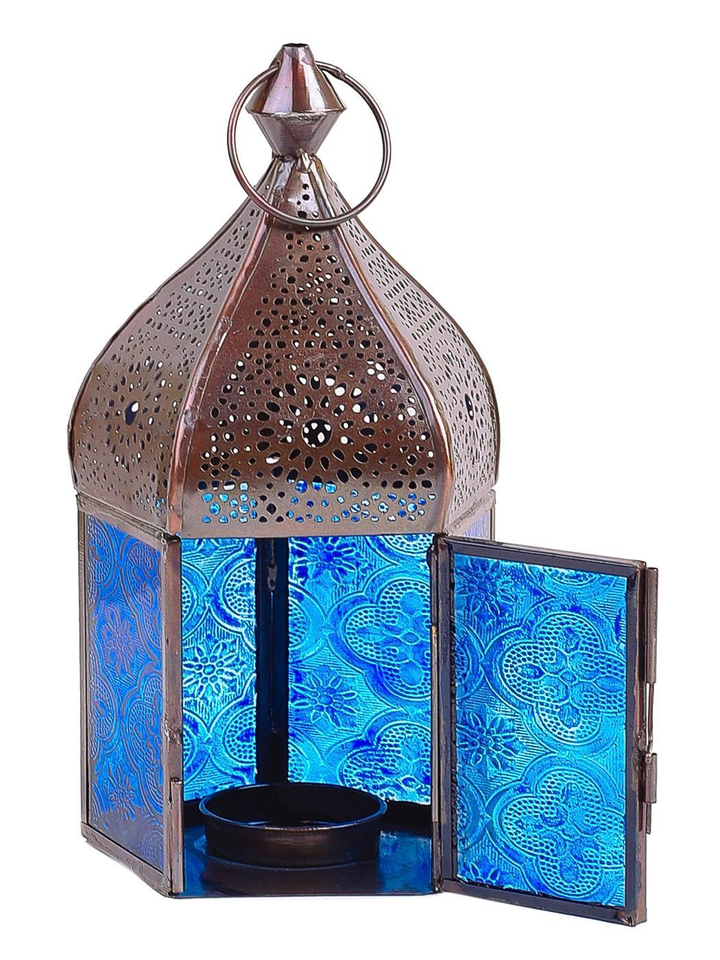 Подсвечник Фонарь металл цвет медный стекло цвет синий 11x11x18 см