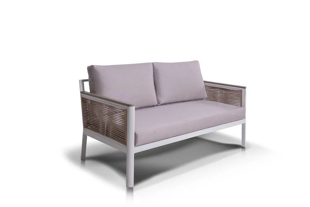 "Сан Ремо" диван 2-местный плетеный из роупа, каркас алюминий белый, роуп бежевый, ткань бежевая