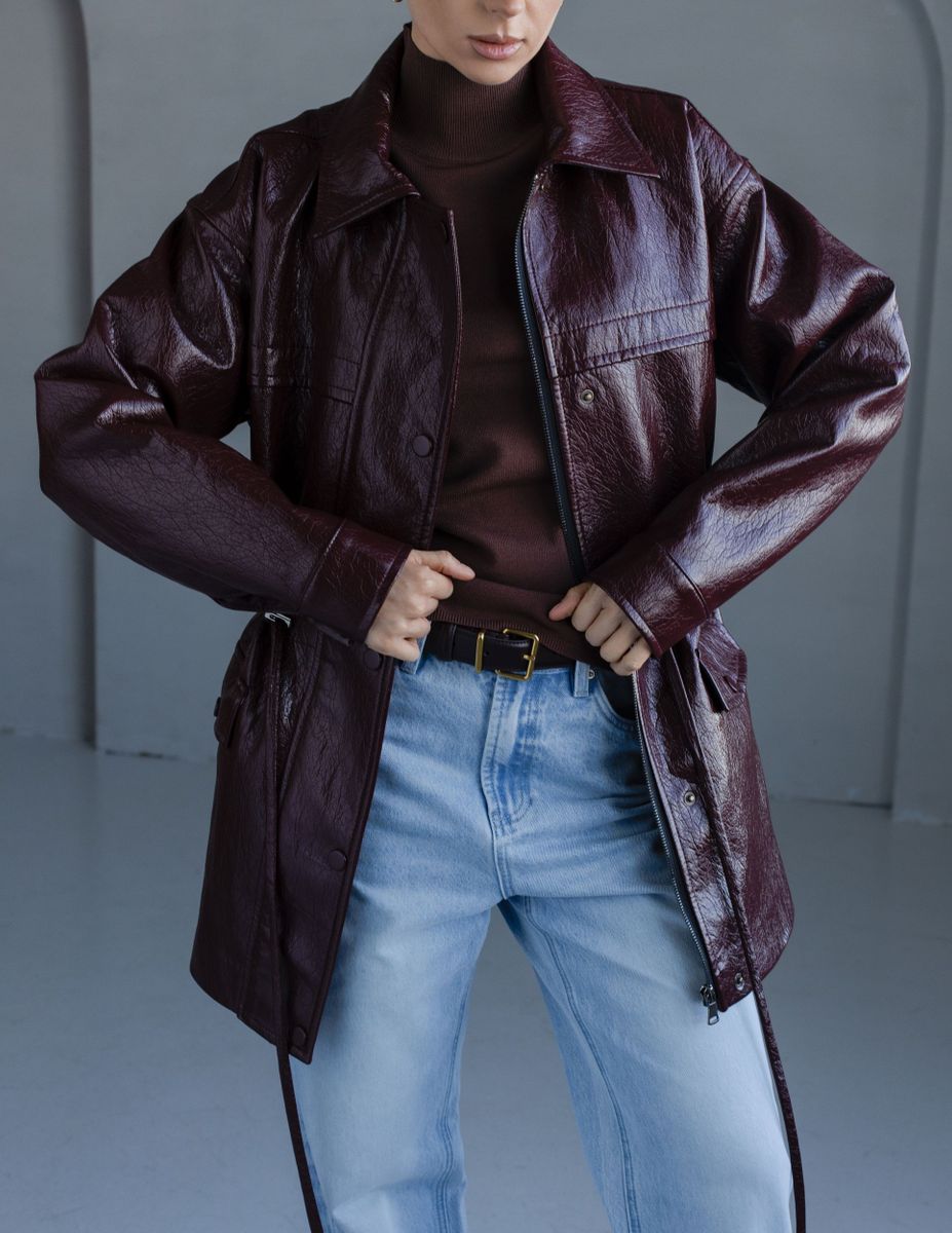 Парка из эко-кожи бордовая