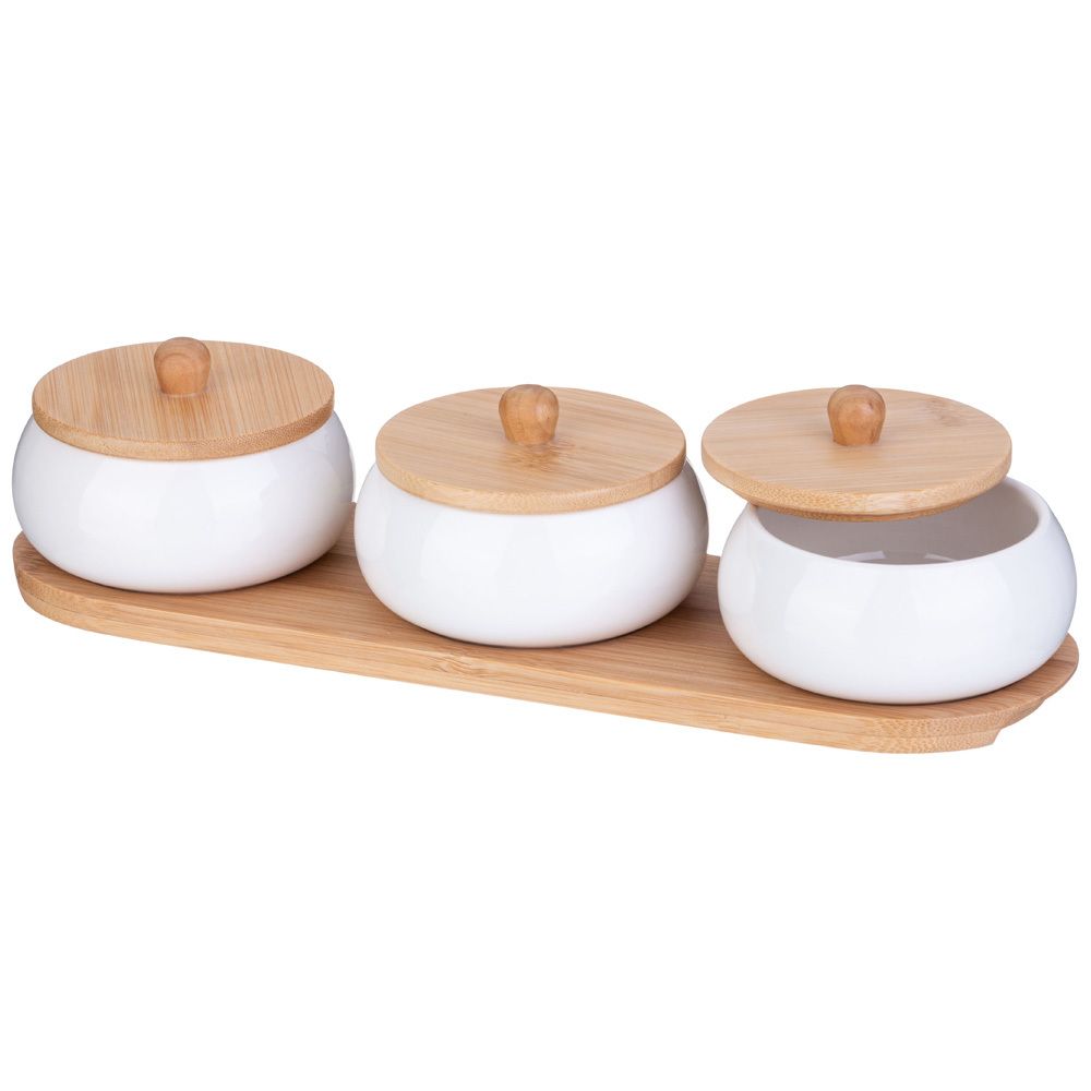 НАБОР БАНОК С ДЕРЕВ. КРЫШКОЙ LEFARD "NATIVE" 3 ШТ. 8,5*6,5 СМ 150 МЛ НА ДЕРЕВ. ПОДСТАВКЕ (КОР=24ШТ.)