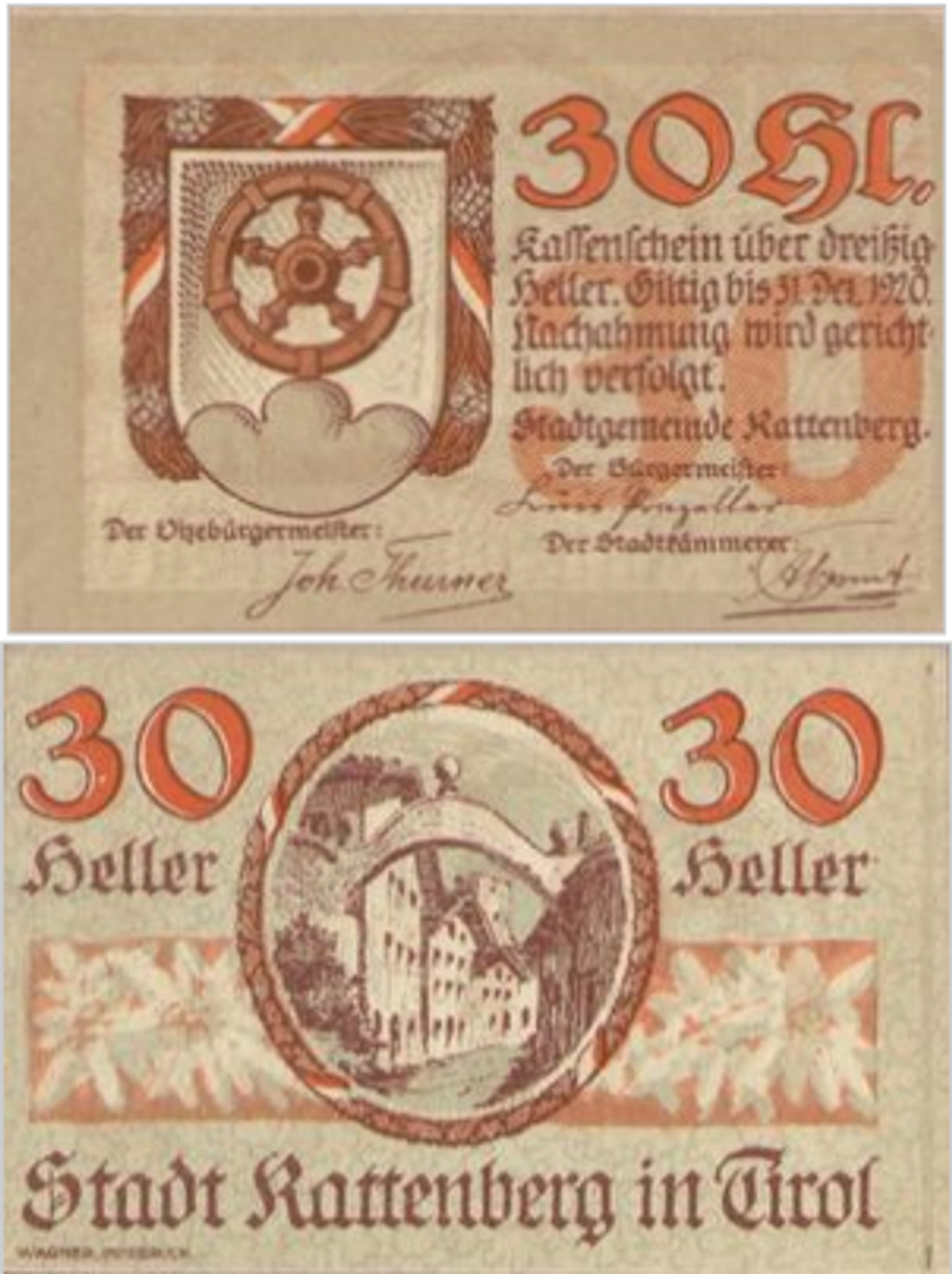 Австрия 30 геллеров 1920 Раттенберг aUNC