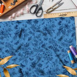 Ткань шифон наброски синих цветов на голубом фоне