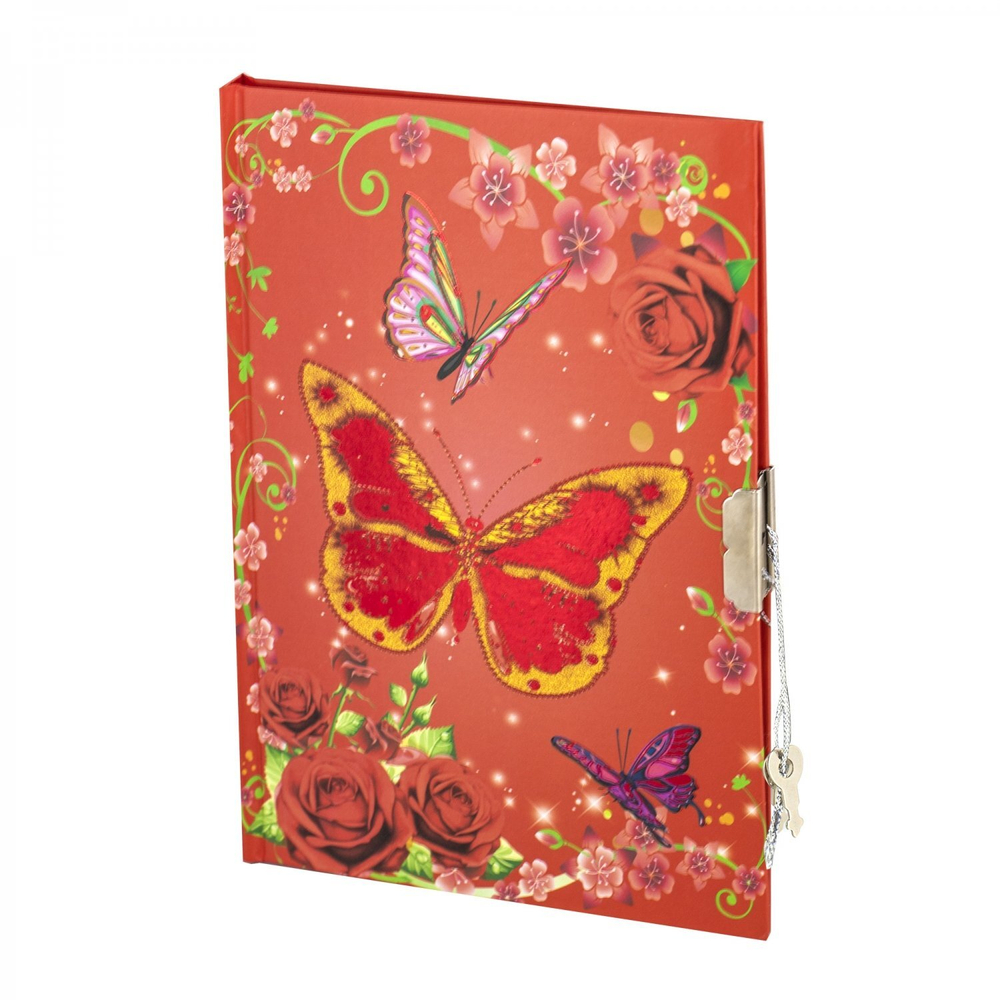 Блокнот в футляре, 14,5 см * 21,0 см, 7БЦ, Alingar, ламинация, фольга, замочек, линия, 40 л., "Бабочки и розы", красный