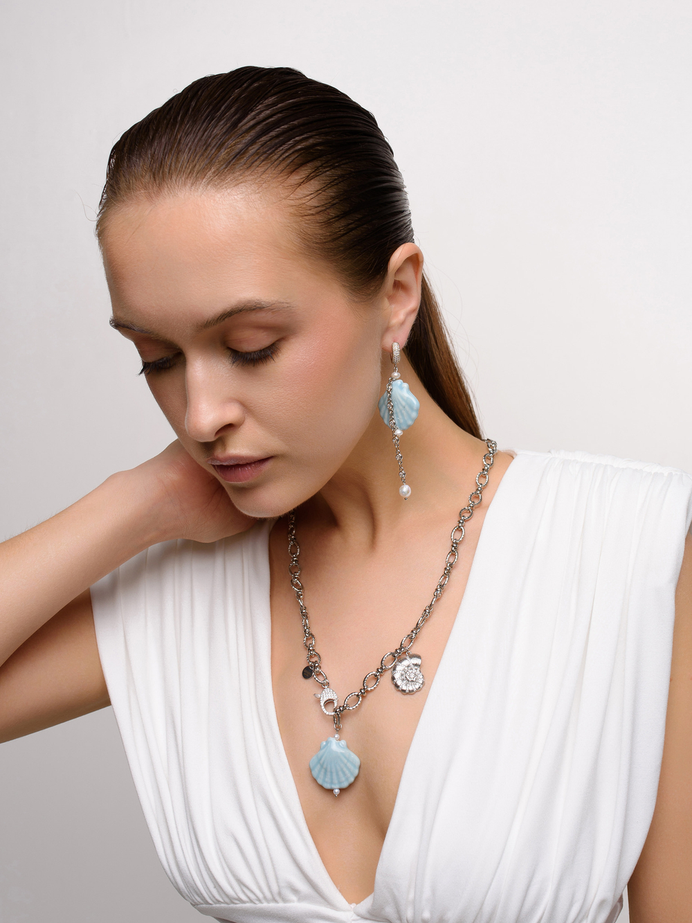Серьги "Сeramics shell blue coral " Silver