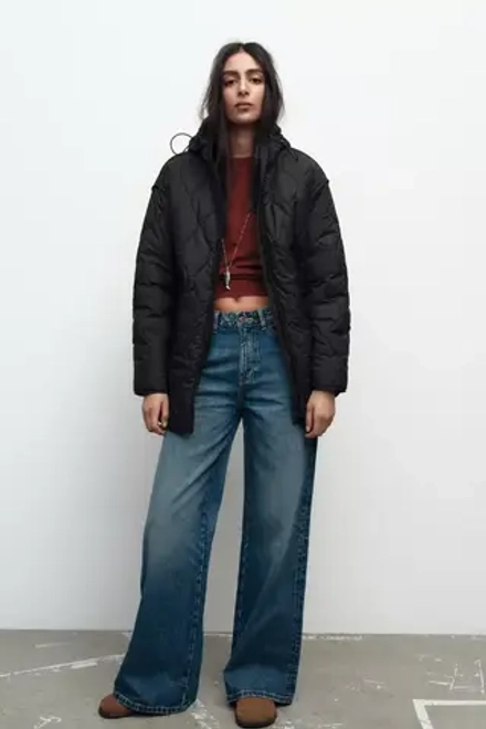ZARA ПУХОВИК С КАПЮШОНОМ, ЧЕРНЫЙ