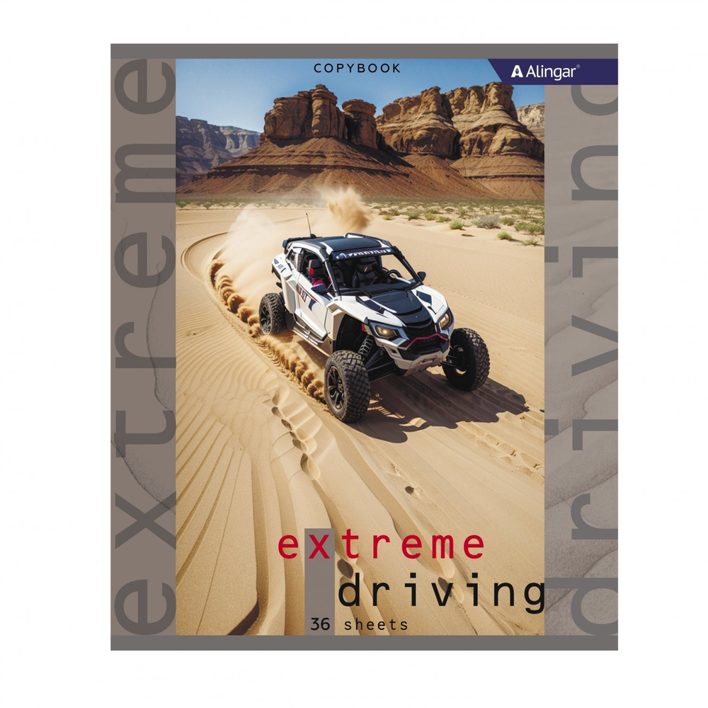 Тетрадь 36 л., А5, клетка, Alingar "Extreme driving", скрепка, второй блок, мелованный картон (стандарт), 4 дизайна в пленке т/у
