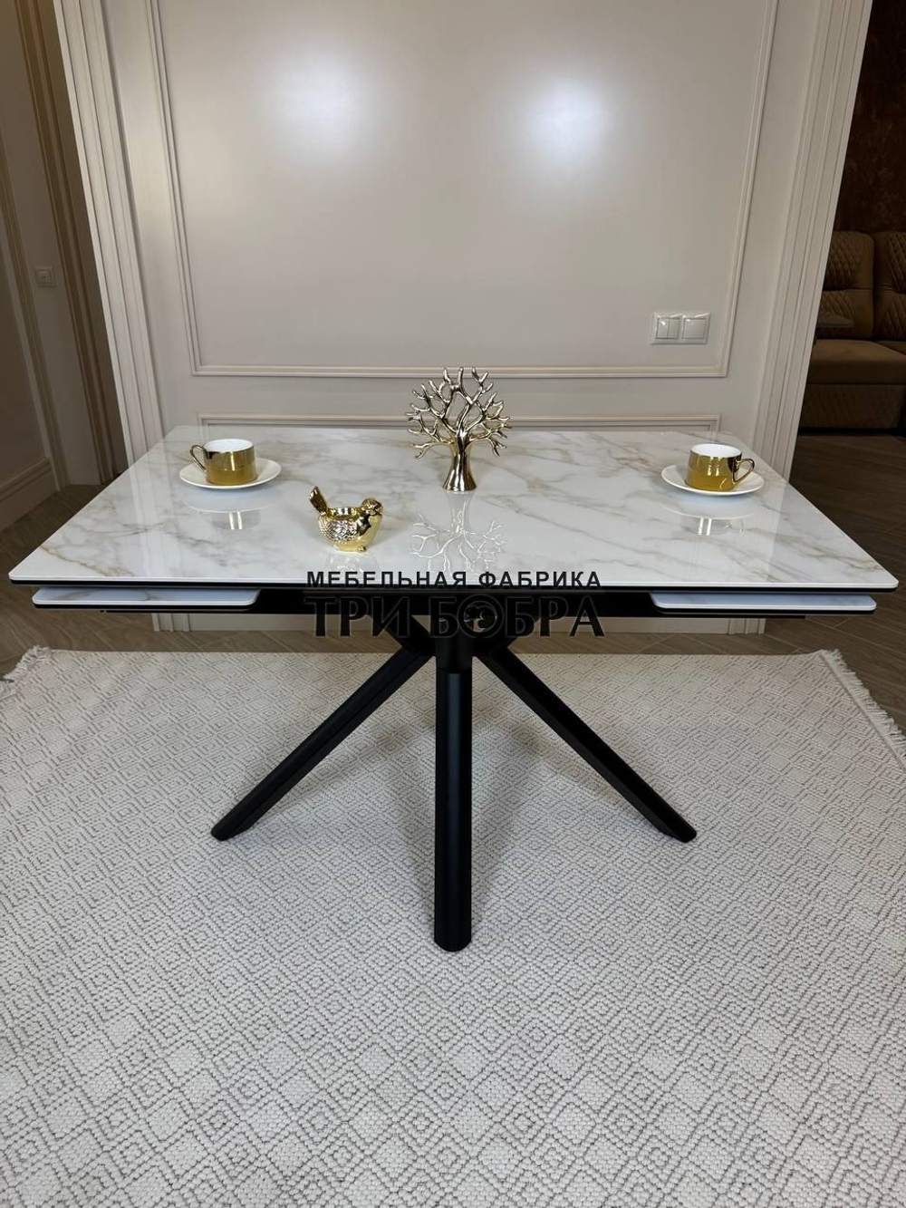 Кухонный раскладной стол "Монако" из керамогранита, белый мрамор