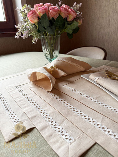 Комплект декоративных салфеток 6 штук, лен с кружевом