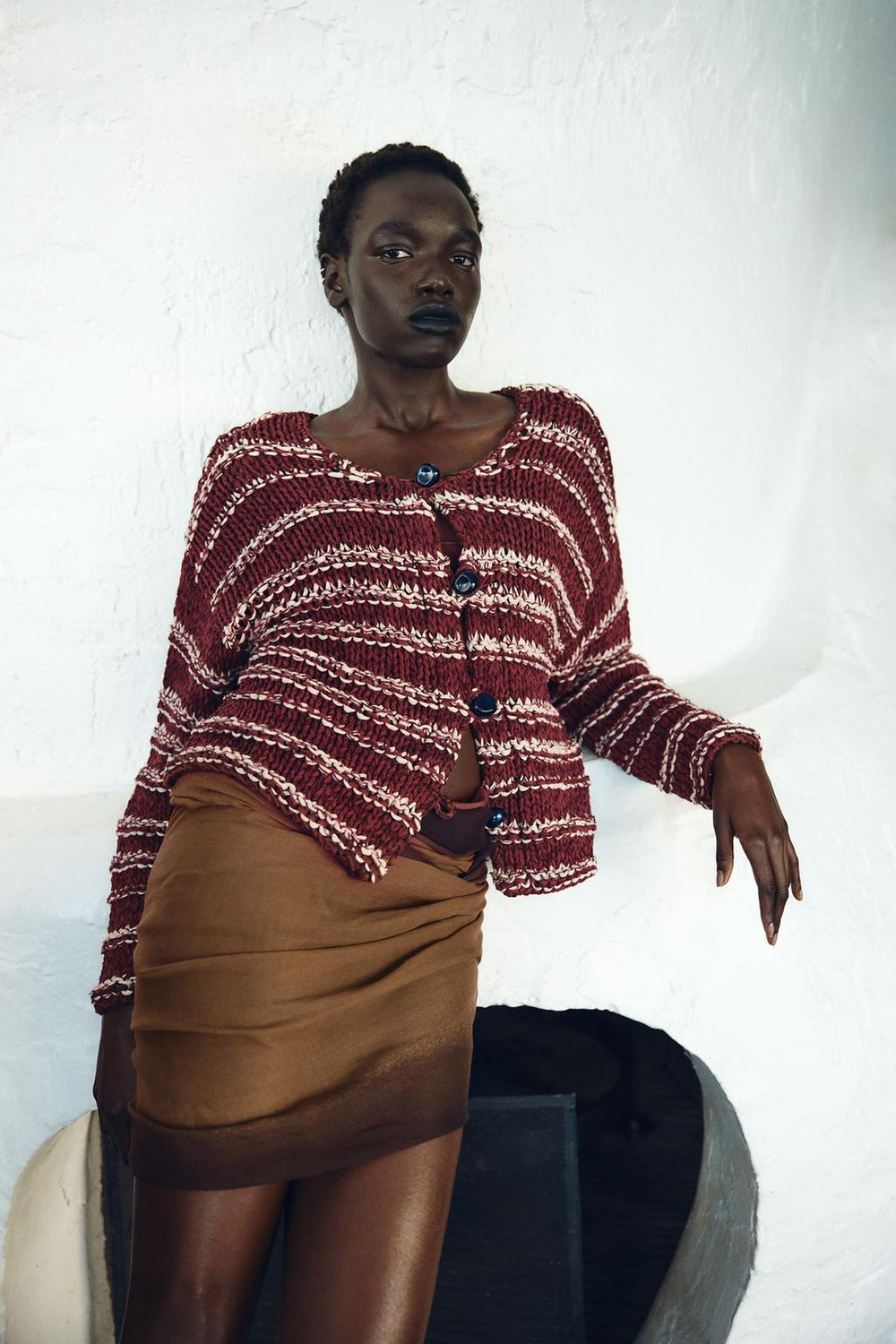 ZARA КОМБИНИРОВАННЫЙ КАРДИГАН, БЕЛЫЙ/ГРАНАТОВЫЙ