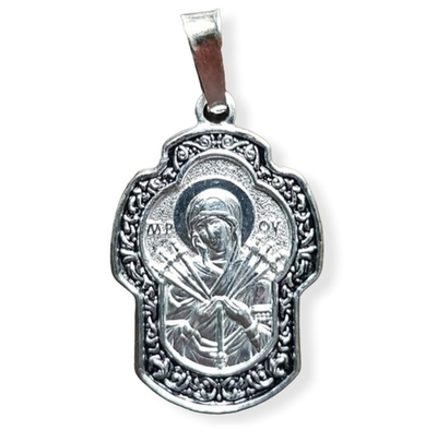 Нательная икона Божия Матерь Семистрельная с серебрением Крестообразная