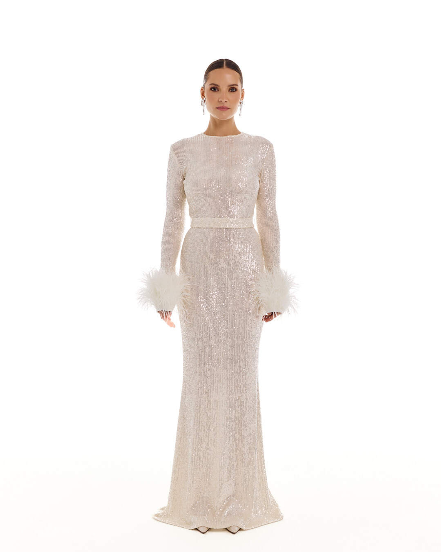 Платье PERSIMMON (Персимон) с перьями на рук.,  пай. светлое