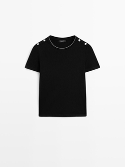 Massimo Dutti Футболка с коротким рукавом и пуговицами на плечах, черный