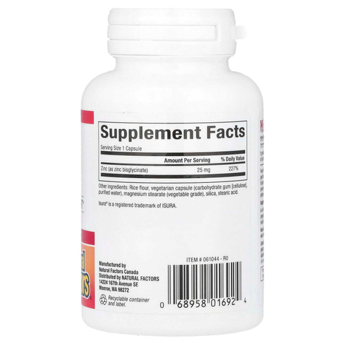 Natural Factors, Бисглицинат цинка, 25 мг, 60 вегетарианских капсул