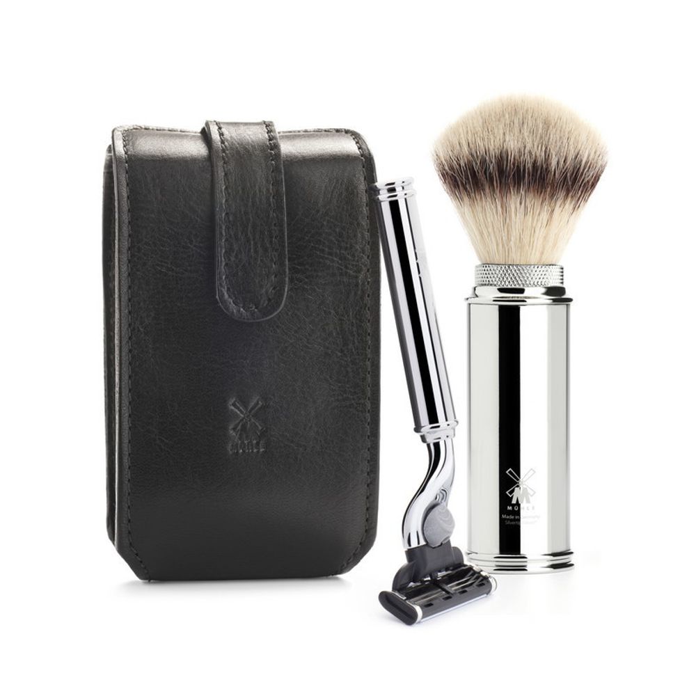 Дорожный бритвенный набор MUEHLE, чехол из натуральной черной кожи, дорожный помазок, дорожная бритва Mach3 (RT 3 M3)