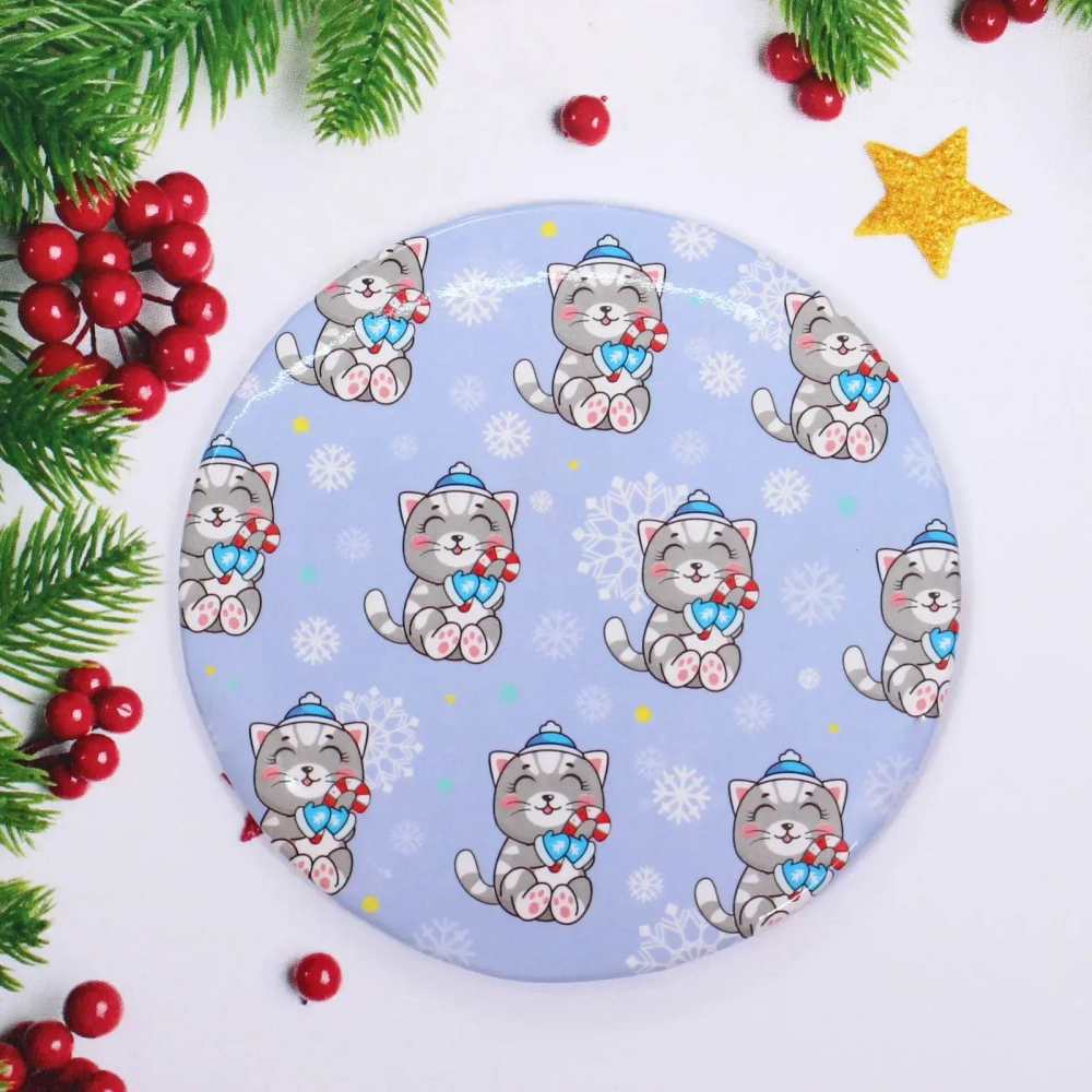 Зеркало косметическое круглое «КОЛЛЕКЦИЯ МАРЦИПАН», новогодние котики, d-7,5см (пакет с подвесом)