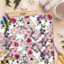 Ткань лён нарисованные маслом розы на белом фоне