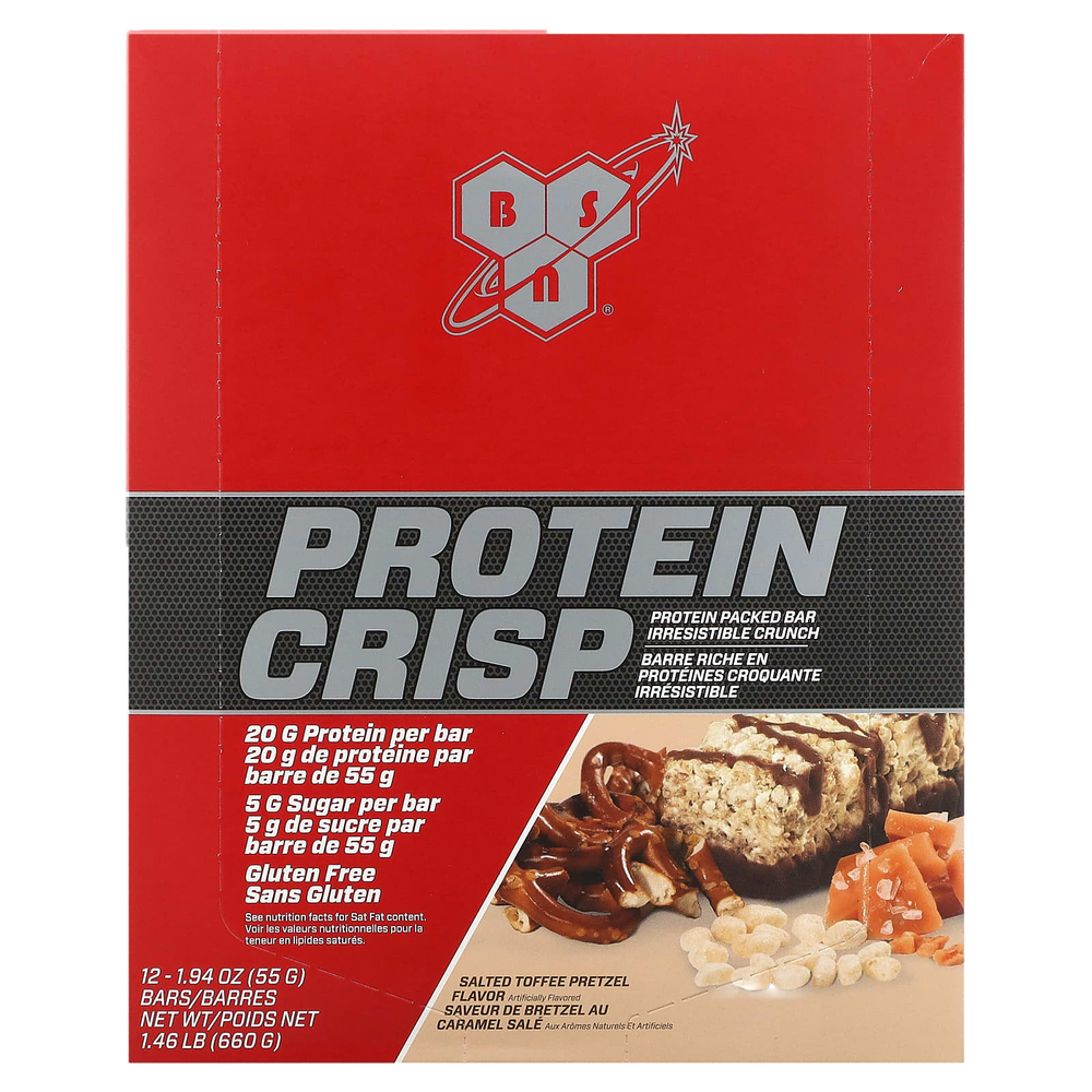 BSN, Protein Crisp, протеиновый батончик, крендельки с соленой карамелью, 12 батончиков, 57 г (2,01 унции)