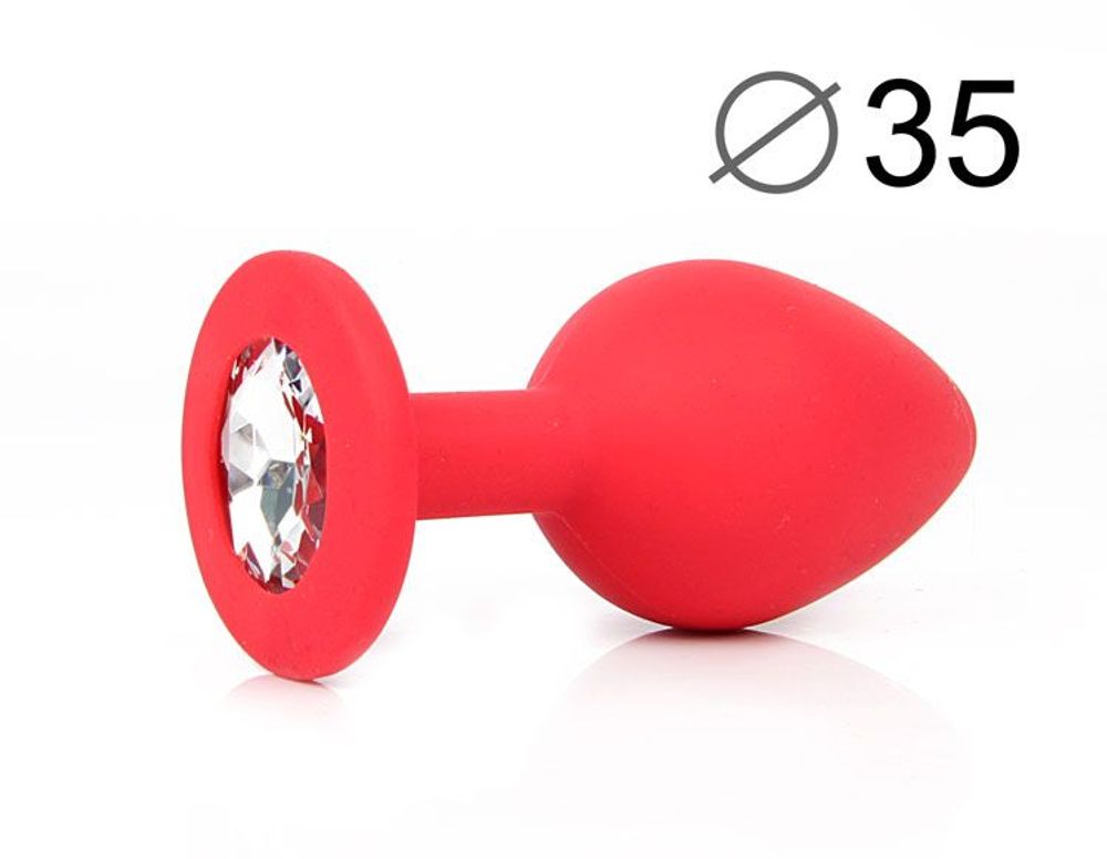 Красная конусовидная анальная пробка с прозрачным кристаллом - 8 см. (Цвет: прозрачный)