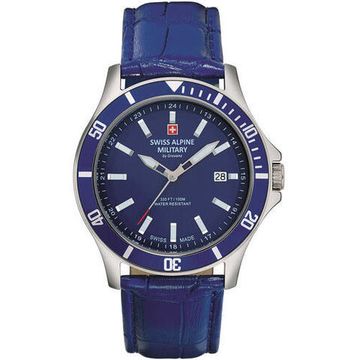 С ремешком Мужские наручные часы с синим кожаным ремешком Swiss Alpine Military 7022.1535 mens 42mm 10ATM