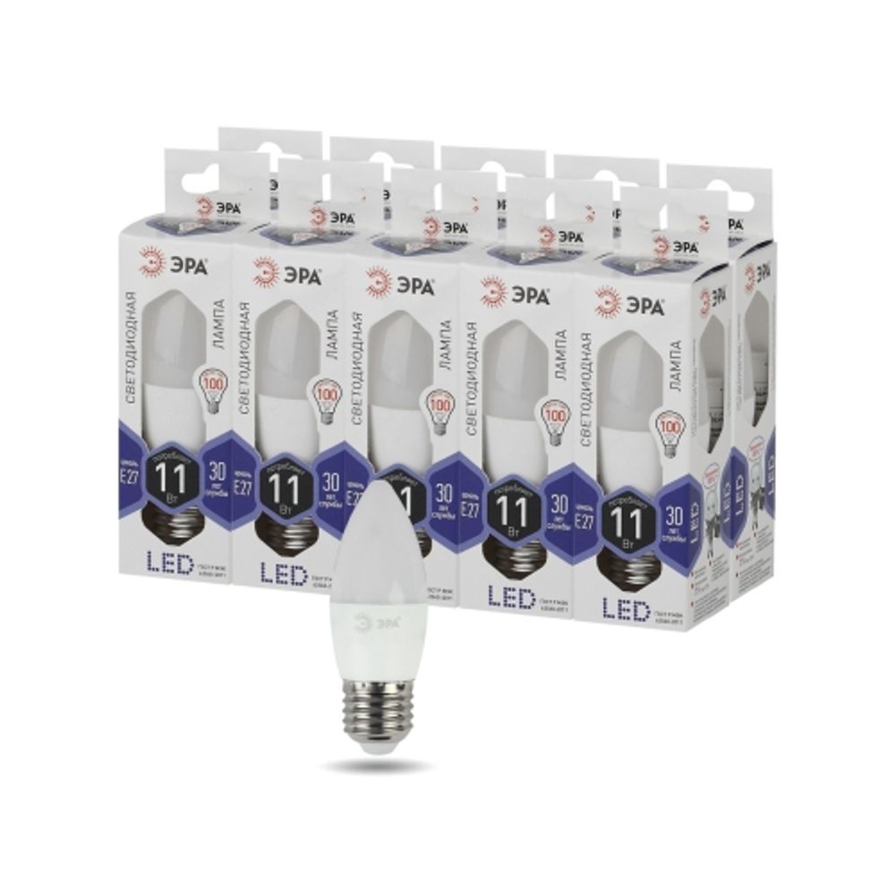Лампа светодиодная ЭРА STD LED B35-11W-860-E27 11Вт свеча холодный дневной свет Е27 | Лампы cветодиодные Свеча (B/C)