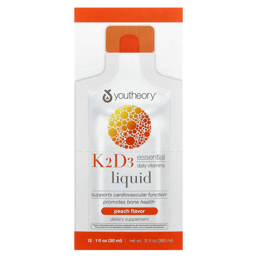 Youtheory, Liquid K2 D3 On Th Go, персик, 12 пакетиков по 30 мл (1 жидк. Унция)