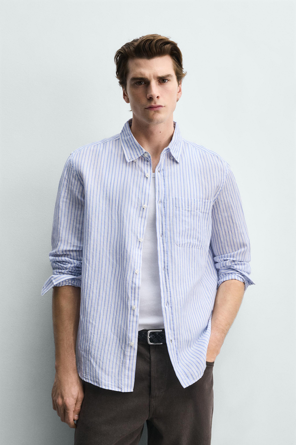 ZARА РУБАШКА REGULAR FIT ИЗ ЛЬНА И ХЛОПКА, СИНИЙ/БЕЛЫЙ