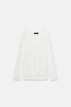 ZARA ТОНКИЙ ТРИКОТАЖНЫЙ СВИТЕР С V-ОБРАЗНЫМ ВЫРЕЗОМ, ЦВЕТ ВЫБЕЛЕННОГО ЛЬНА