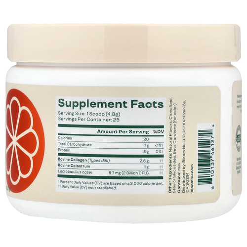 Bloom, молозиво и пептиды коллагена, апельсиновый крем, 120 г (4,23 унции)