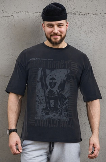 Футболка мужская оверсайз хлопковая варёнка LEGENDA Архангел Михаил черный