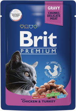BRIT PREMIUM, Пауч для кошек, Цыпленок и Индейка в соусе, 85г.*14шт.